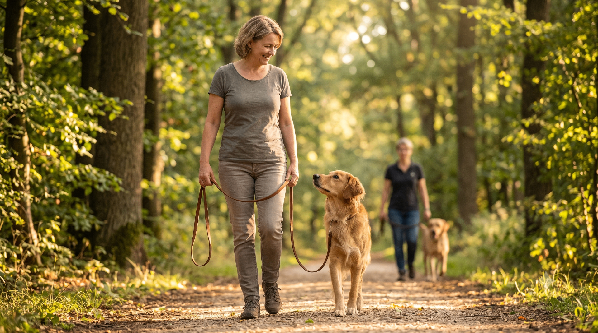 Leinenführigkeit trainieren: Frau geht entspannt mit Golden Retriever an lockerer Leine durch den Wald